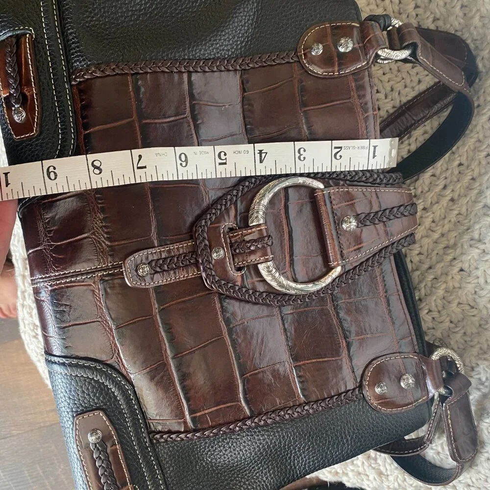 Brighton Croc Embossed Leather Tote Brown & Black Braided Detail - Picture 3 of 16